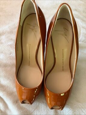 Giuseppe Zanotti Cognac Patent Peep-Toe Pumps.  Worn Once